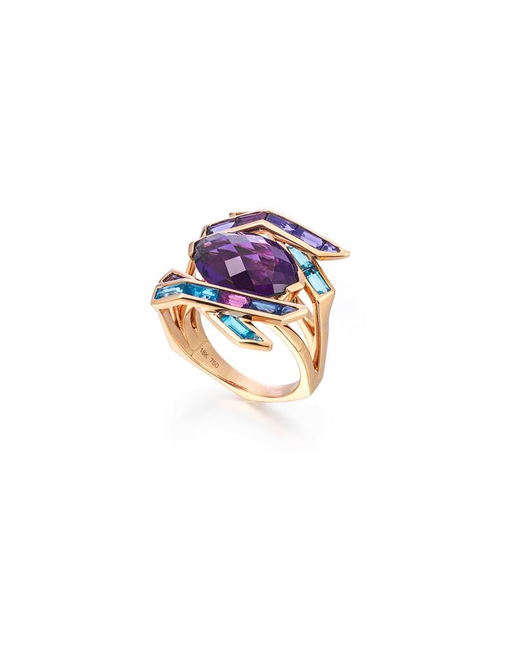 Tomasz Donocik cocktail ring in rose gold with coloured gemstones from the new Electric Night collection.